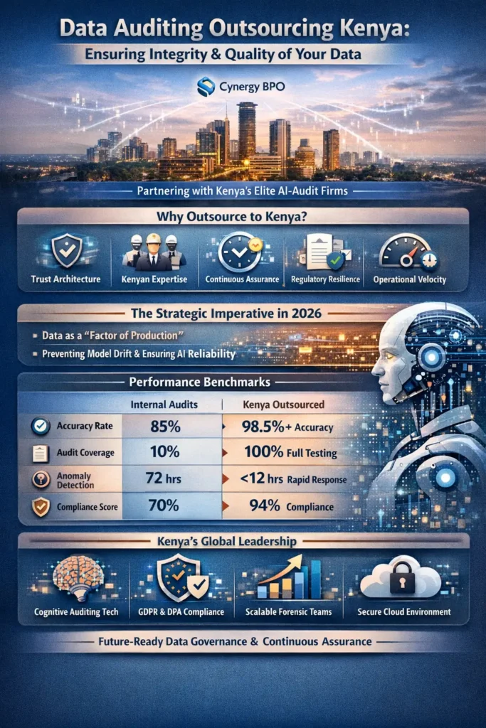 Infographic titled “Data Auditing Outsourcing Kenya: Ensuring Integrity & Quality of Your Data” featuring Nairobi’s skyline with digital data overlays, highlighting key benefits such as trust architecture, Kenyan expertise, continuous assurance, regulatory compliance, and operational efficiency. Includes a performance comparison showing improvements in accuracy (85% to 98.5%+), audit coverage (10% to 100%), anomaly detection speed (72 hours to <12 hours), and compliance score (70% to 94%), alongside visuals of AI, cybersecurity, and cloud-based auditing systems.