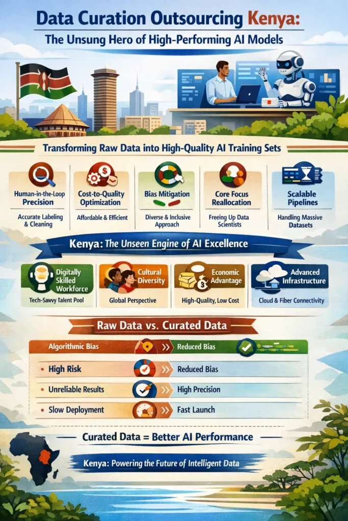 Infographic showing how data curation outsourcing in Kenya improves AI performance through human-in-the-loop validation, bias reduction, scalable data pipelines, and cost-efficient high-quality dataset preparation.