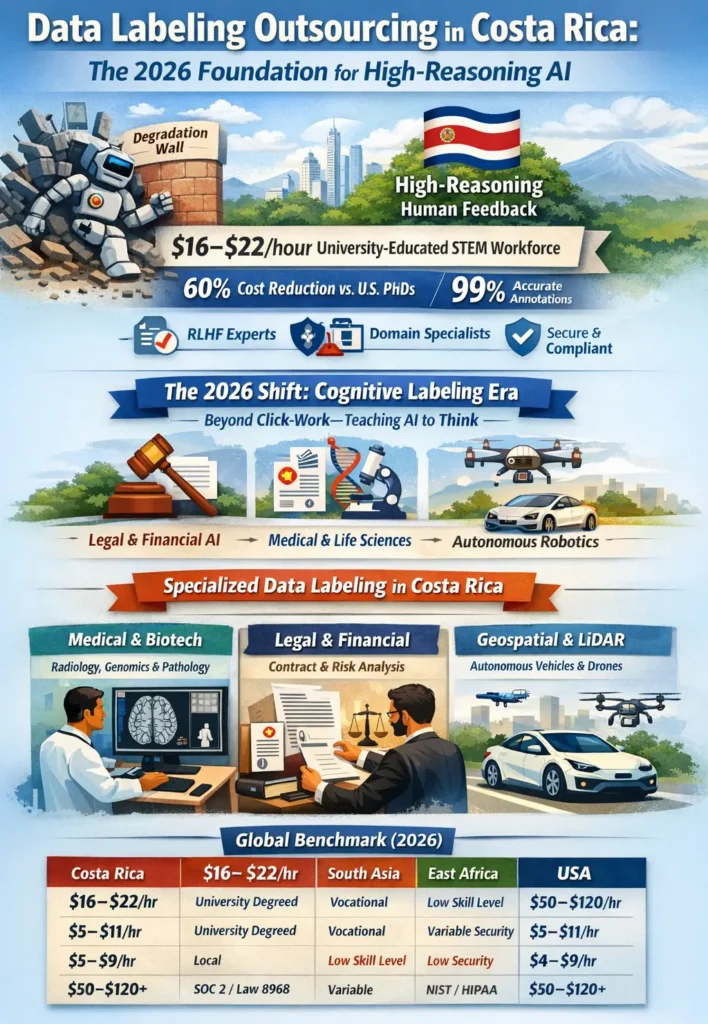 Data labeling outsourcing in Costa Rica infographic showing $16–$22/hour STEM workforce, 60% cost reduction, 99% annotation accuracy, RLHF expertise, cognitive labeling shift, and specialized sectors like medical, legal, and LiDAR AI training.
