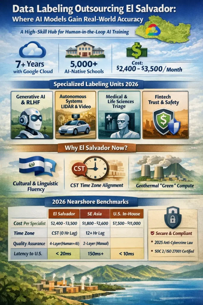 Data labeling outsourcing in El Salvador infographic showing cost benchmarks ($2,400–$3,500/month), Human-in-the-Loop AI workflows, RLHF, LiDAR and video annotation, CST alignment, Google Distributed Cloud infrastructure, and nearshore advantages versus offshore and U.S. teams.