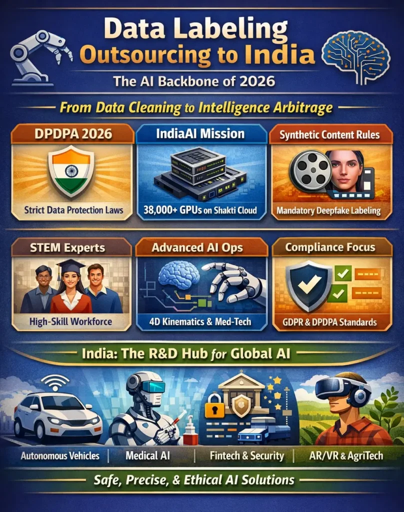 Infographic showing Data Labeling Outsourcing India in 2026 as a high-fidelity AI-Ops hub, highlighting DPDPA 2026 compliance, IndiaAI Mission GPU infrastructure, STEM workforce expertise, synthetic media labeling mandates, and the shift from data entry to intelligence arbitrage across sectors like autonomous vehicles, med-tech, and fintech.