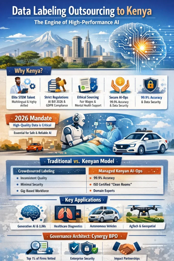 Infographic showing data labeling outsourcing in Kenya as a high-performance AI engine, highlighting elite STEM talent, Kenya AI Bill 2026 compliance, ethical impact sourcing, 99.9% accuracy, and comparison between crowdsourced labeling and managed Kenyan AI-Ops.