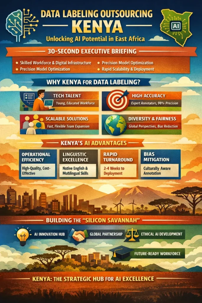 Infographic titled “Data Labeling Outsourcing Kenya: Unlocking AI Potential in East Africa,” featuring key benefits such as skilled workforce, precision model optimization, rapid scalability, high annotation accuracy, linguistic diversity, bias reduction, and Kenya’s emergence as a strategic AI hub.
