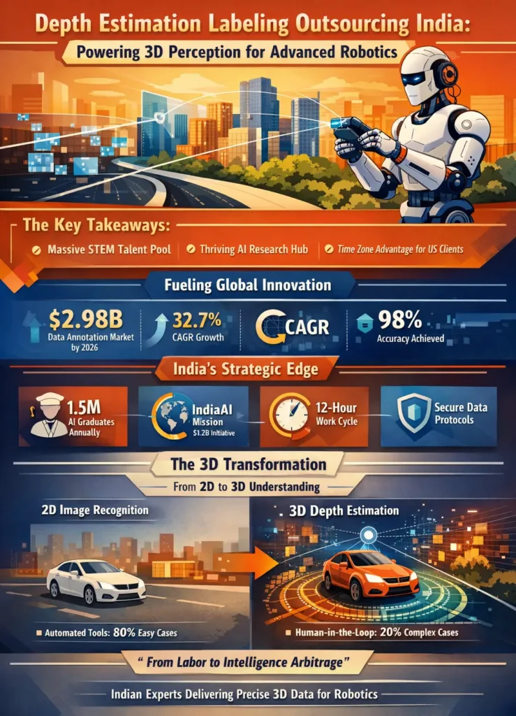 Infographic illustrating depth estimation labeling outsourcing to India for robotics and autonomous systems, highlighting India’s STEM talent pool, $1.2B IndiaAI Mission, 3D perception data for LiDAR and stereo vision, 98% labeling efficiency, and specialized annotation tiers enabling advanced AI and robotics development.
