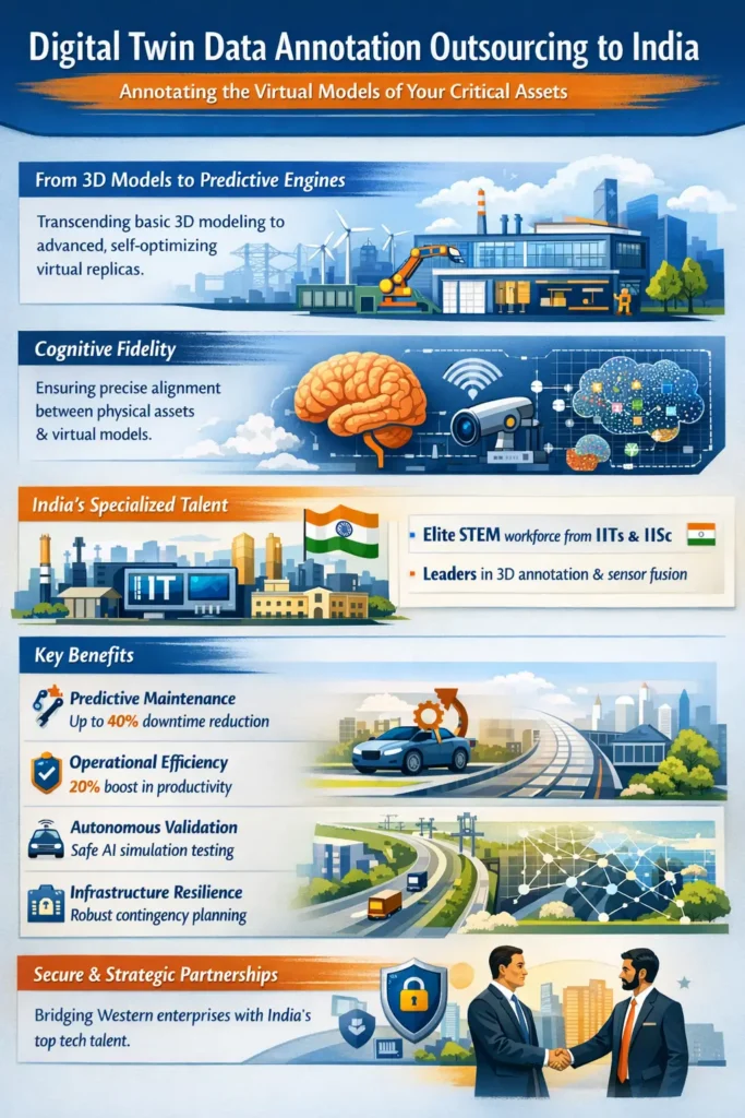 Infographic showing the role of India’s specialized STEM workforce in digital twin data annotation, highlighting 3D model labeling, sensor fusion, cognitive fidelity, predictive maintenance benefits, and secure partnerships supporting advanced industrial simulations.
