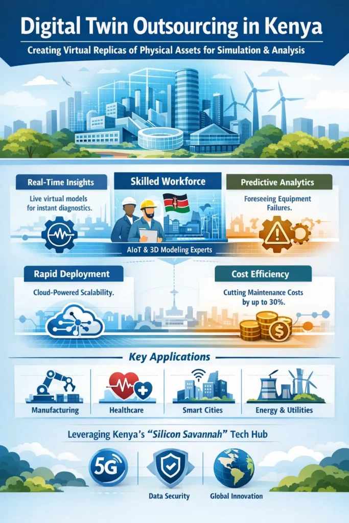Infographic titled “Digital Twin Outsourcing Kenya” showing how virtual replicas of physical assets enable real-time monitoring, predictive maintenance, and simulation. Highlights include Kenyan technical talent, AIoT integration, cost savings up to 30%, scalable cloud infrastructure, and applications across manufacturing, healthcare, urban planning, and energy sectors.