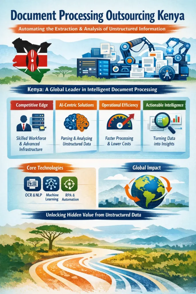 Infographic showing document processing outsourcing in Kenya using AI technologies like OCR, NLP, and machine learning to convert unstructured data into actionable business intelligence.