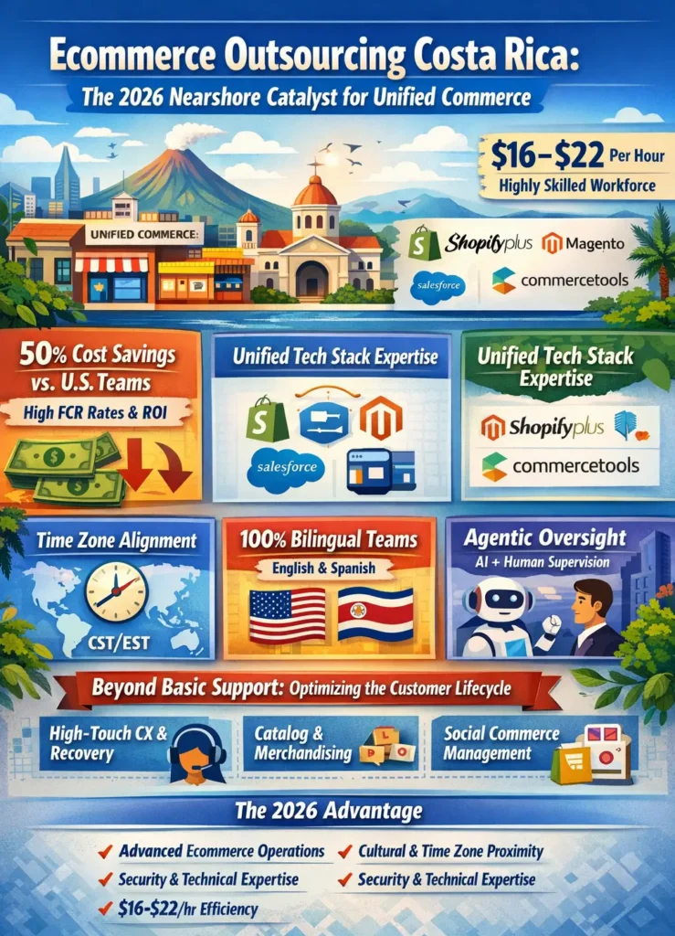 Ecommerce outsourcing in Costa Rica infographic showing $16–$22/hour costs, 50% savings vs U.S., bilingual teams, unified commerce platforms (Shopify, Salesforce, Magento), time-zone alignment, and agentic AI oversight for high-performance ecommerce operations.