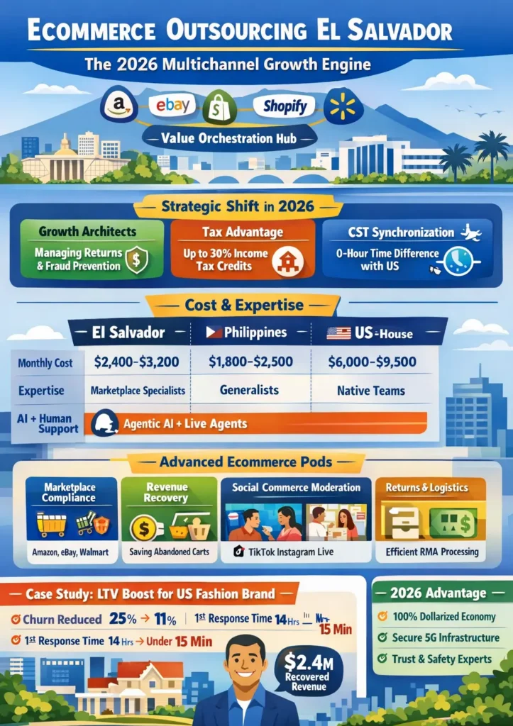 Ecommerce outsourcing in El Salvador infographic showing 2026 multichannel growth engine, including $2,400–$3,200 monthly costs, Amazon and Shopify support, CST real-time synchronization, AI-human hybrid operations, and case study results with churn reduction and revenue recovery.
