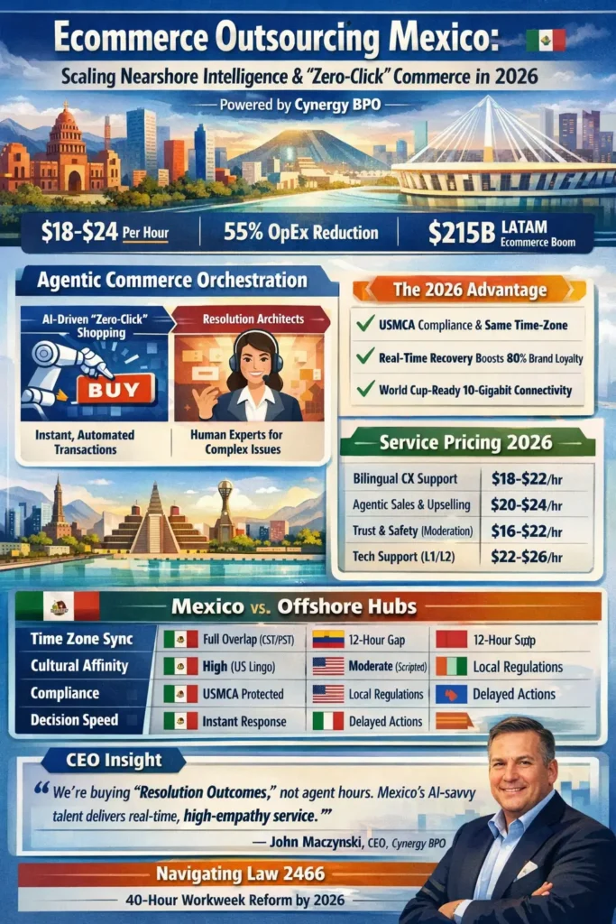 Infographic showing Ecommerce Outsourcing Mexico 2026 with $18–$24/hour pricing, 55% OpEx reduction, $215B LATAM ecommerce growth, Agentic Commerce orchestration, Zero-Click shopping, and nearshore advantages like USMCA compliance and real-time support.
