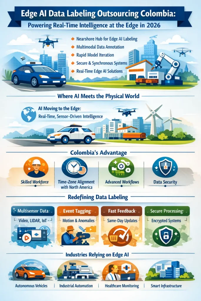 Edge AI data labeling outsourcing in Colombia infographic showing multimodal annotation, real-time iteration, secure edge processing, and industries like autonomous vehicles, healthcare, and industrial automation in 2026.
