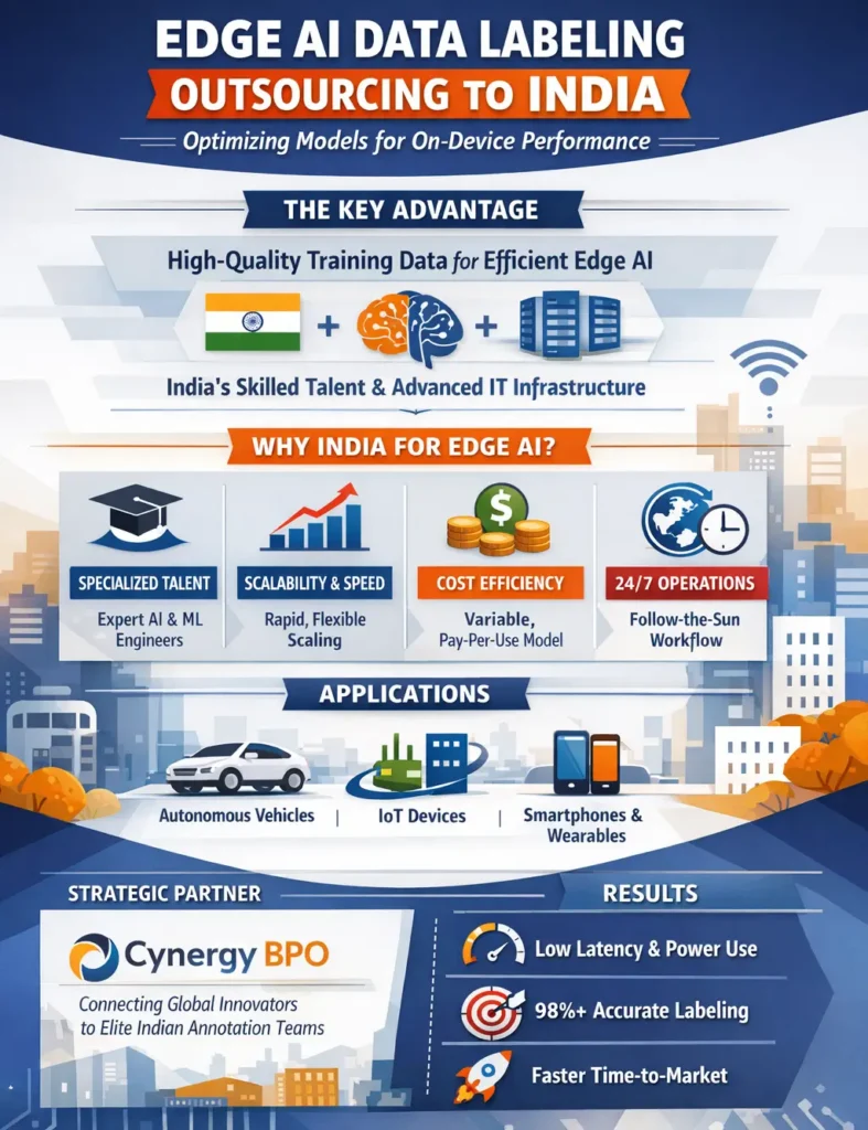 Infographic showing the benefits of outsourcing edge AI data labeling to India, highlighting specialized AI talent, scalable annotation teams, 24/7 operations, cost efficiency, and high-accuracy datasets that improve on-device AI performance for IoT devices, autonomous vehicles, and mobile technologies.
