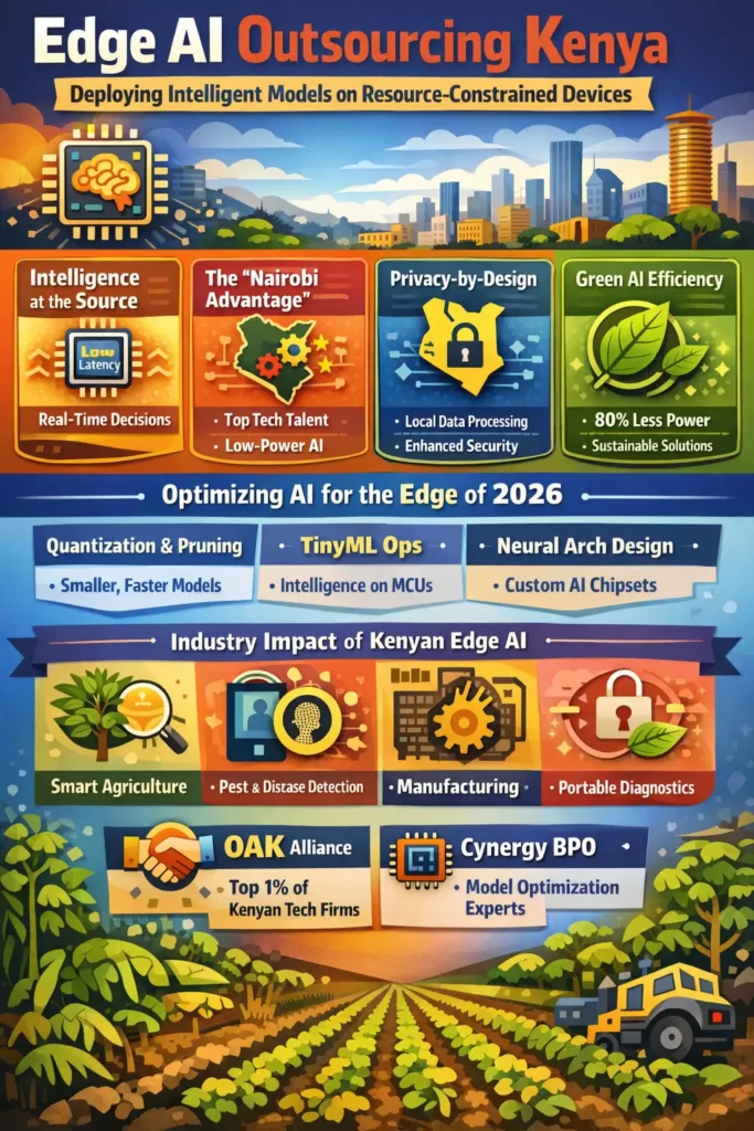 Edge AI outsourcing in Kenya infographic showing low-latency processing, Nairobi tech advantage, privacy-by-design, green AI efficiency, and industry use cases like agriculture, fintech, manufacturing, and healthcare.