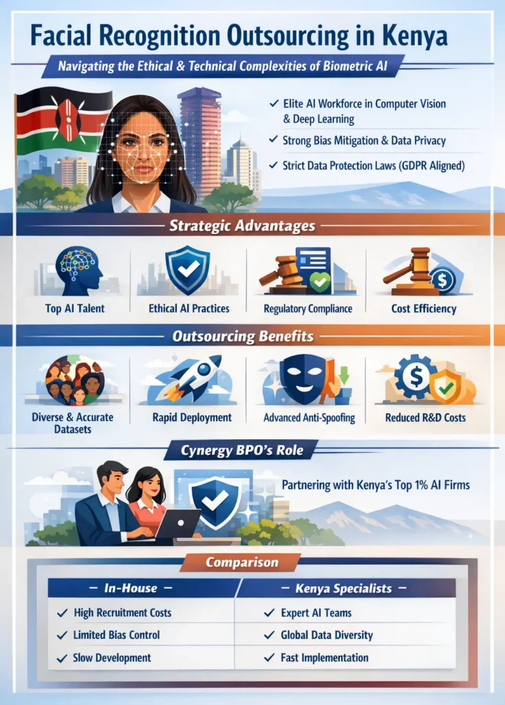 Facial recognition outsourcing in Kenya infographic highlighting ethical AI practices, elite computer vision talent, GDPR-aligned data protection, bias mitigation, and cost-efficient biometric AI solutions compared to in-house development.