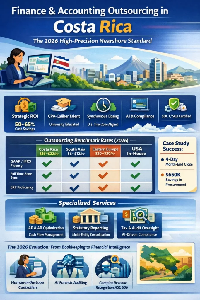 Finance and accounting outsourcing in Costa Rica infographic highlighting 50–65% cost savings, $16–$22 hourly rates, CPA-caliber talent, real-time U.S. time zone alignment, AI-driven auditing, and specialized services like AP/AR optimization, statutory reporting, and tax compliance.