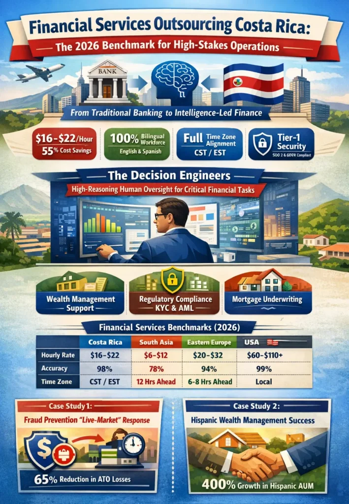 Financial Services Outsourcing Costa Rica infographic showing $16–$22 hourly rates, 55% cost savings, bilingual workforce, CST/EST alignment, high-reasoning human-in-the-loop support, financial benchmarks comparison, and case studies on fraud reduction and Hispanic wealth growth.