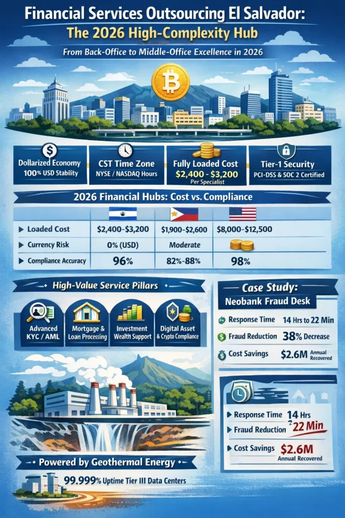 Financial Services Outsourcing El Salvador infographic showing 2026 middle-office capabilities including KYC/AML, fraud analytics, wealth support, $2,400–$3,200 monthly cost, CST alignment with NYSE, 96%+ compliance accuracy, and 38% fraud reduction case study