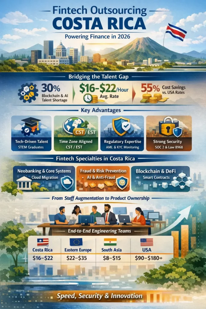 Fintech outsourcing in Costa Rica infographic showing $16–$22/hour rates, 55% cost savings, real-time DevOps alignment, Agentic AI compliance, and high-reasoning STEM talent supporting neobanking, fraud prevention, and blockchain development.