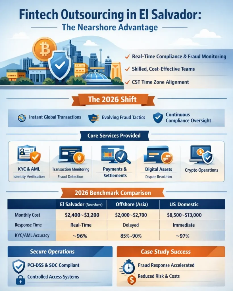 Fintech outsourcing in El Salvador infographic showing real-time compliance, KYC/AML operations, fraud monitoring, cost comparison, and nearshore advantages including CST alignment and secure financial processing environments.