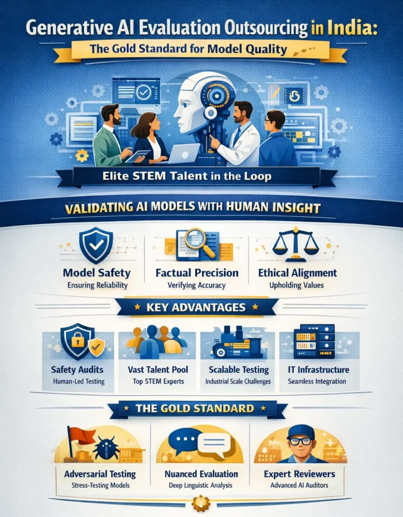 Infographic showing generative AI evaluation outsourcing in India with human-in-the-loop raters ensuring model safety, factual accuracy, ethical alignment, scalable testing, and expert AI auditing.