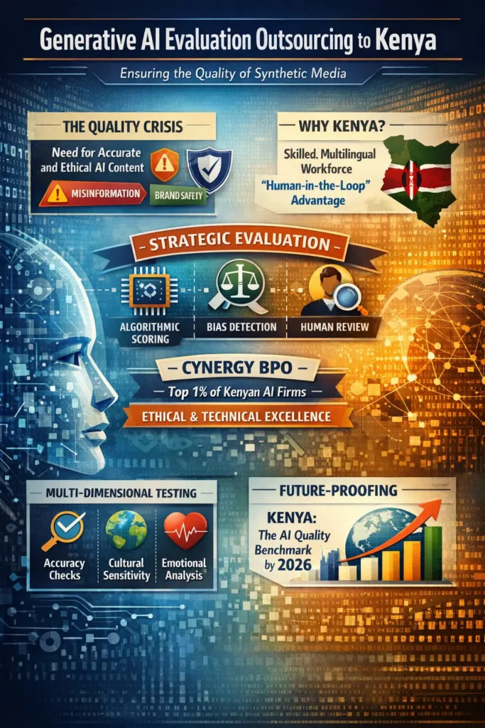 Generative AI evaluation outsourcing in Kenya infographic highlighting human-in-the-loop validation, bias detection, algorithmic scoring, and AI quality assurance for synthetic media.