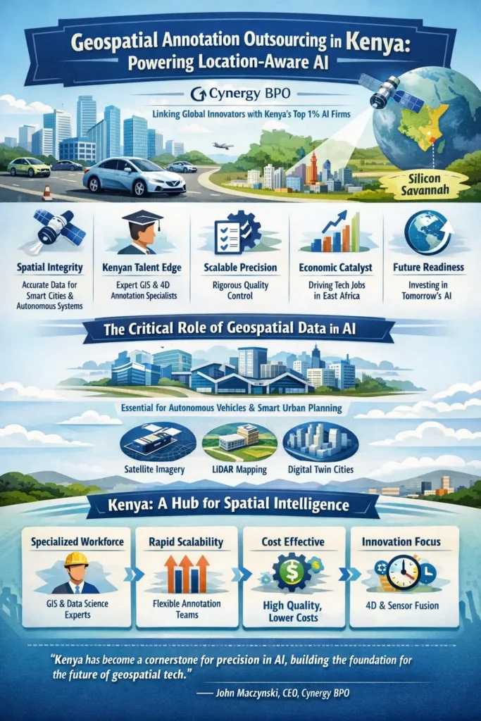 Infographic titled “Geospatial Annotation Outsourcing in Kenya: Powering Location-Aware AI” showing Kenya as a hub for spatial intelligence, highlighting key benefits such as spatial integrity, expert GIS talent, scalable precision, economic impact, and future readiness, along with use cases like autonomous vehicles, LiDAR mapping, satellite imagery, and digital twin cities.