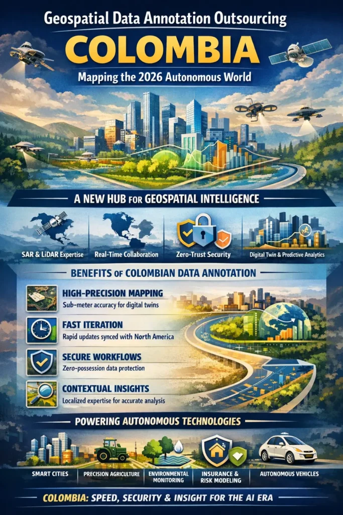 Geospatial Data Annotation Outsourcing Colombia infographic showing AI-powered spatial intelligence, digital twins, multispectral analysis, real-time collaboration, and secure zero-trust workflows for autonomous systems in 2026.