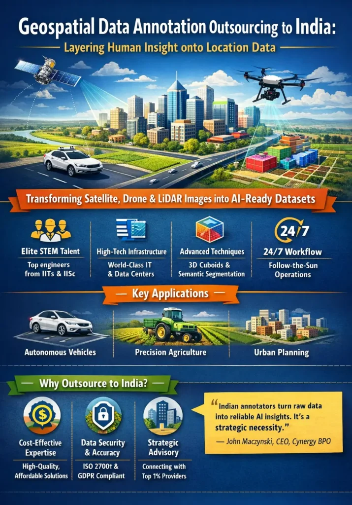 Infographic illustrating geospatial data annotation outsourcing to India, showing satellites, drones, and LiDAR data being labeled by skilled engineers using techniques like semantic segmentation and 3D cuboid annotation to create AI-ready datasets for autonomous vehicles, agriculture, and urban planning.
