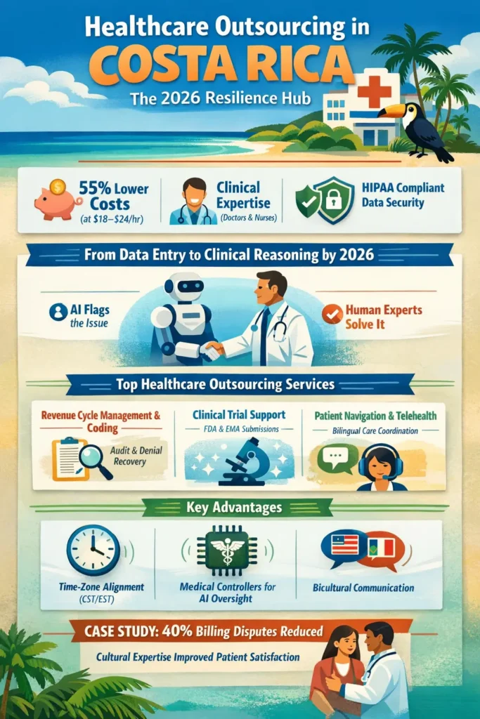 Healthcare outsourcing Costa Rica infographic showing 55% cost savings, $18–$24 hourly rates, clinical process outsourcing (CPO), revenue cycle management (RCM), HIPAA compliance, and agentic AI healthcare operations for 2026.