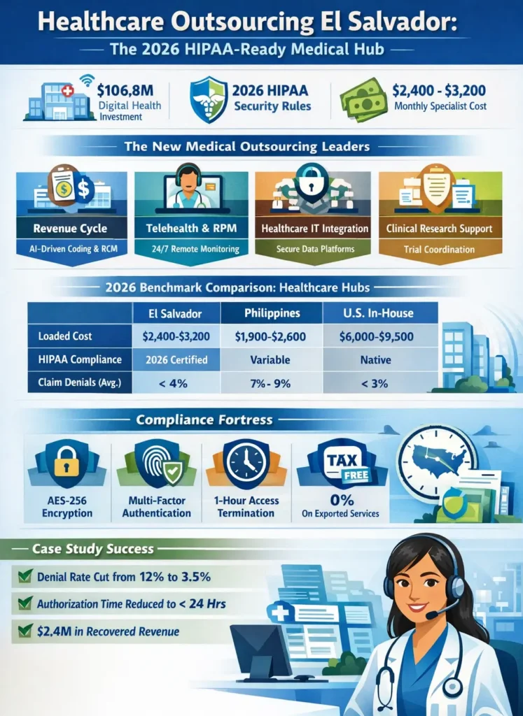 Healthcare outsourcing El Salvador infographic showing HIPAA 2026 compliance, $106.8M digital health investment, $2,400–$3,200 monthly costs, RCM, telehealth, and clinical data operations with benchmark comparison.