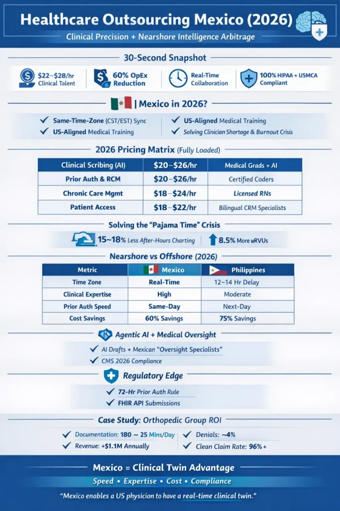 Healthcare outsourcing Mexico 2026 infographic showing $22–$28/hour clinical talent, 60% cost savings, real-time collaboration, HIPAA compliance, pricing matrix, nearshore vs offshore comparison, and orthopedic case study ROI.