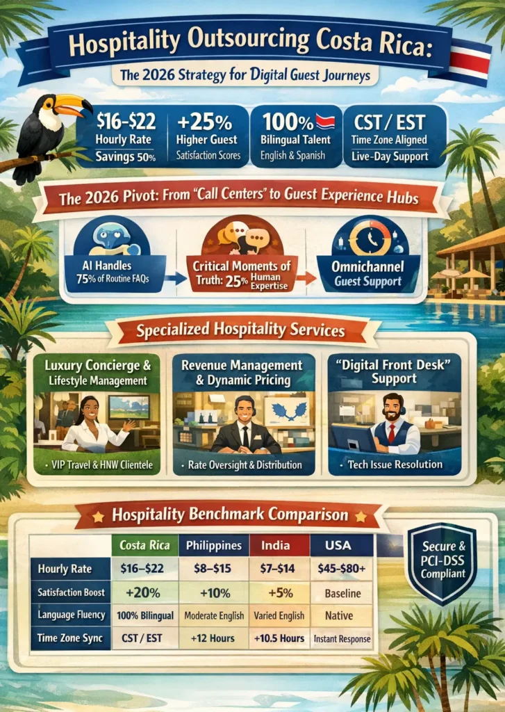 Hospitality outsourcing in Costa Rica infographic showing $16–$22 hourly rates, 50% cost savings, +25% guest satisfaction lift, bilingual English-Spanish workforce, real-time CST/EST support, AI-human hybrid guest experience model, and benchmark comparison versus Philippines, India, and USA.