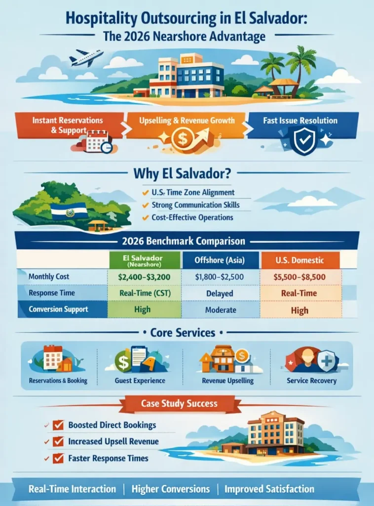 Hospitality outsourcing in El Salvador infographic showing real-time guest support, upselling and revenue growth, and fast issue resolution, with a 2026 benchmark comparison of nearshore vs offshore vs US domestic costs, response times, and conversion support, plus core services like reservations, guest experience, and service recovery.