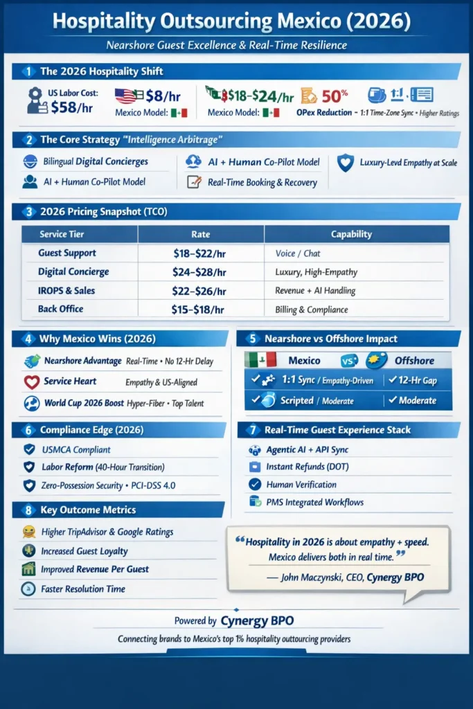 A modern infographic summarizing hospitality outsourcing in Mexico for 2026, highlighting cost savings, real-time guest experience orchestration, digital concierge roles, pricing benchmarks, nearshore vs offshore comparison, compliance frameworks, and World Cup-driven infrastructure advantages.