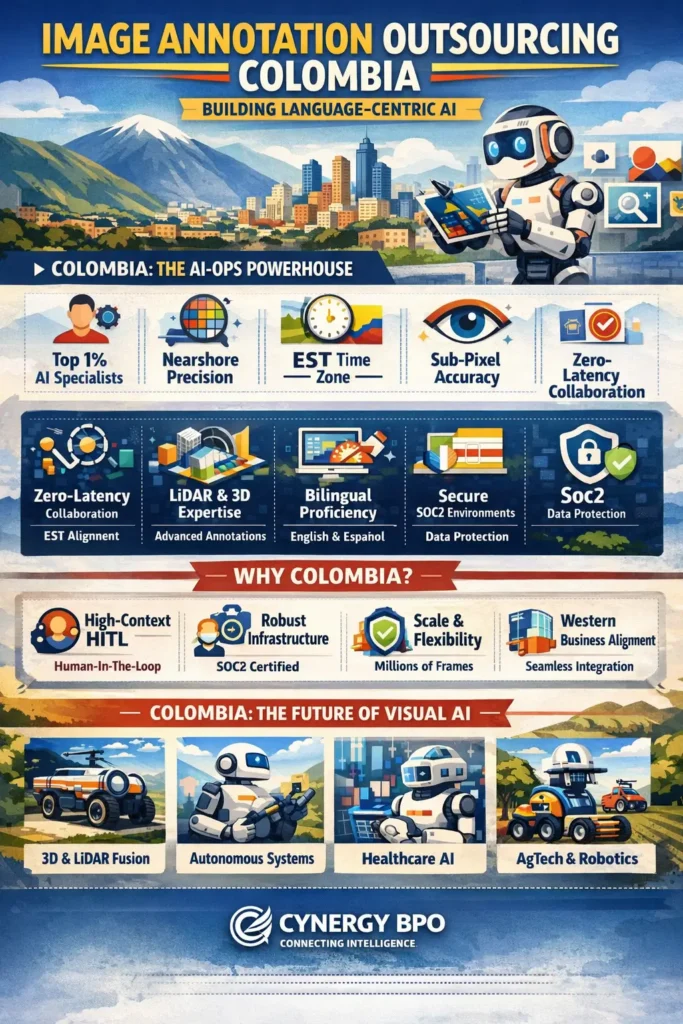 Infographic showcasing image annotation outsourcing in Colombia, highlighting nearshore AI operations, sub-pixel accuracy, LiDAR and 3D expertise, bilingual workforce, SOC2-compliant security, and scalable human-in-the-loop workflows for computer vision.