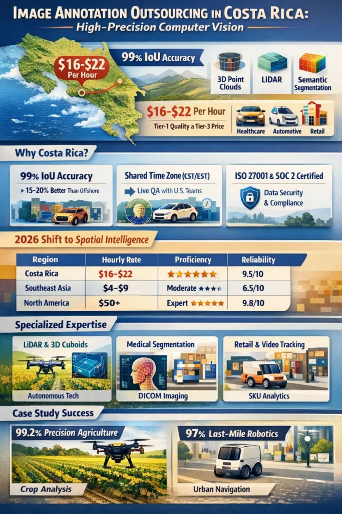 Image annotation outsourcing in Costa Rica infographic showing $16–$22 hourly rates, 99% IoU accuracy, LiDAR and 3D annotation expertise, nearshore time-zone advantage, and high-precision computer vision use cases in healthcare, automotive, and retail.