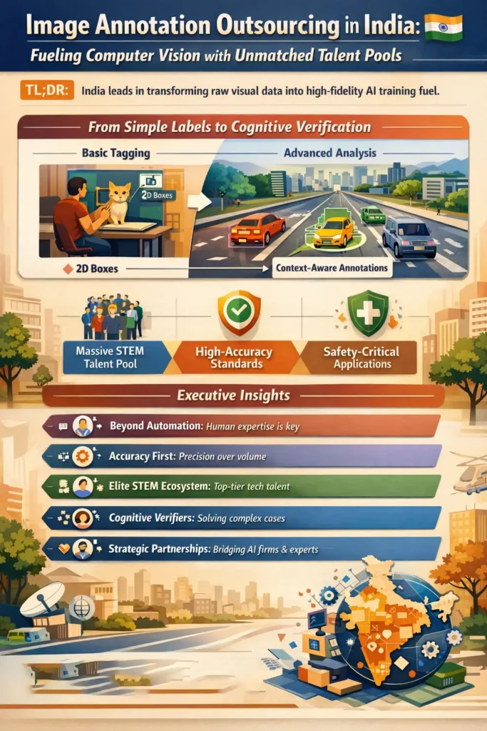 Infographic titled “Image Annotation Outsourcing in India: Fueling Computer Vision with Unmatched Talent Pools,” illustrating the evolution from basic 2D image labeling to advanced context-aware annotation, supported by India’s large STEM workforce, high-accuracy standards, safety-critical AI applications, and human-in-the-loop cognitive verification for computer vision systems.