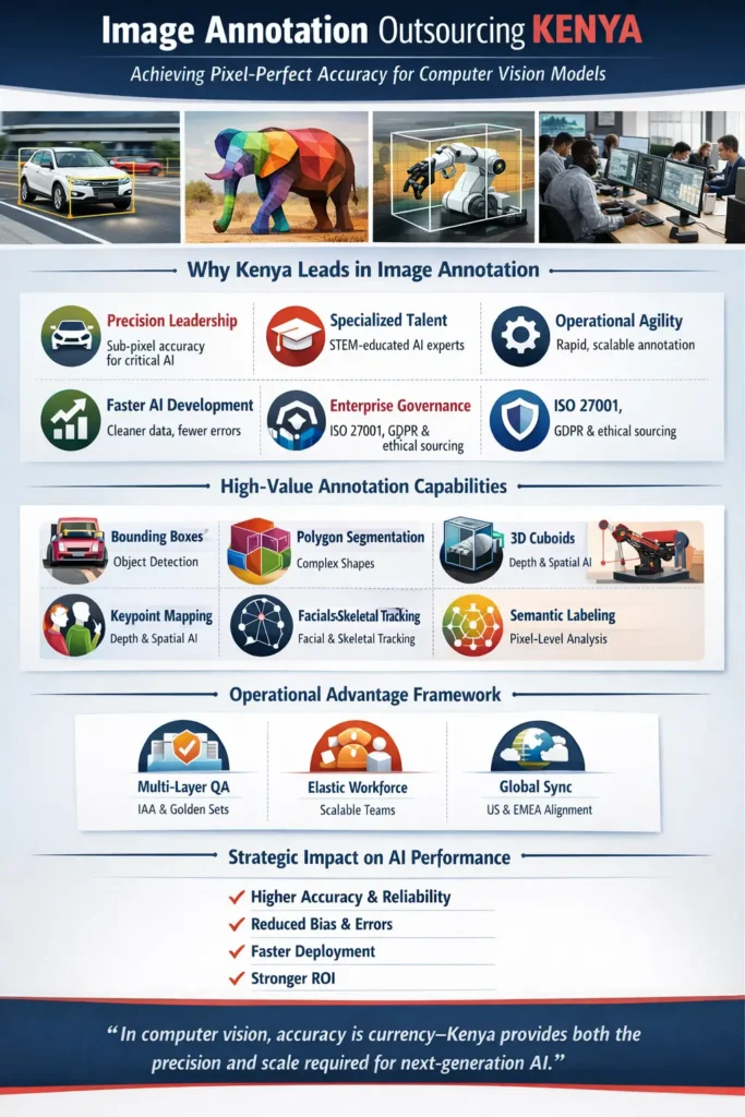 Infographic showing Kenya’s image annotation outsourcing advantages including pixel-perfect accuracy, AI-trained workforce, multi-layer quality control, and key techniques like bounding boxes, segmentation, and 3D cuboids.