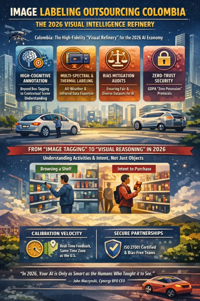 Infographic showing Image Labeling Outsourcing in Colombia as a 2026 visual intelligence hub, highlighting high-cognitive annotation, multi-spectral and thermal labeling, bias mitigation audits, zero-trust security, and the shift from image tagging to visual reasoning with real-time collaboration and secure AI training environments.
