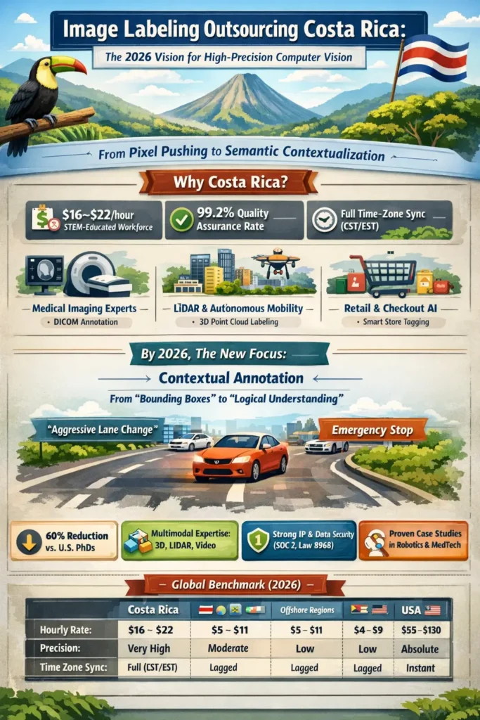 Image labeling outsourcing infographic highlighting Costa Rica’s 2026 advantage in high-precision computer vision, featuring $16–$22/hour STEM workforce, 99.2% QA accuracy, contextual annotation shift, multimodal expertise (LiDAR, medical imaging, video), and nearshore time-zone alignment for real-time AI training.