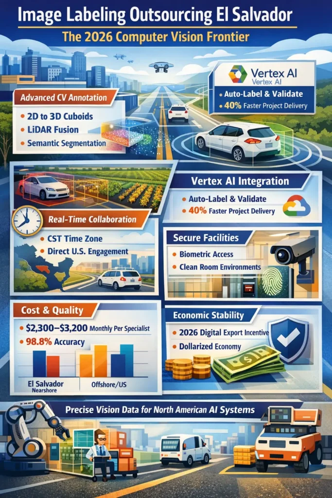 Image labeling outsourcing in El Salvador showing 3D cuboids, LiDAR fusion, Vertex AI workflows, real-time CST collaboration, secure biometric facilities, and cost vs accuracy benchmarks for computer vision projects.