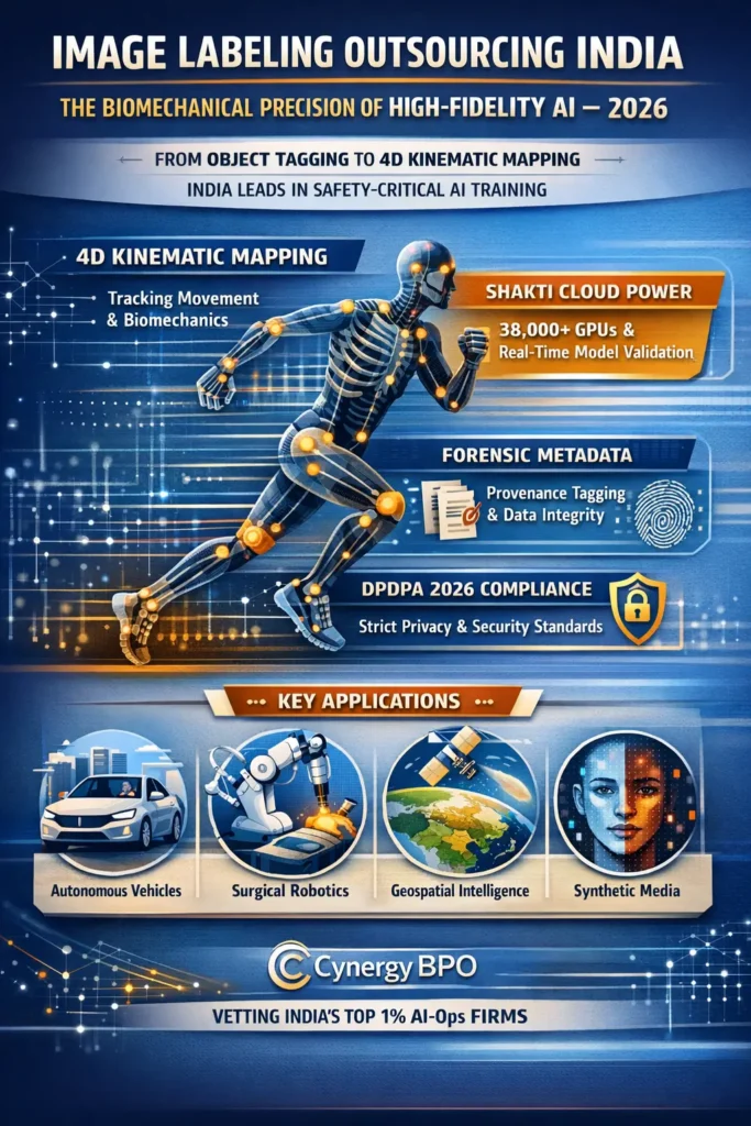 Infographic illustrating Image Labeling Outsourcing India 2026, highlighting 4D kinematic mapping, sub-pixel segmentation, Shakti Cloud GPU infrastructure, DPDPA compliance, and high-fidelity AI-Ops for autonomous mobility, surgical robotics, and geospatial intelligence.

