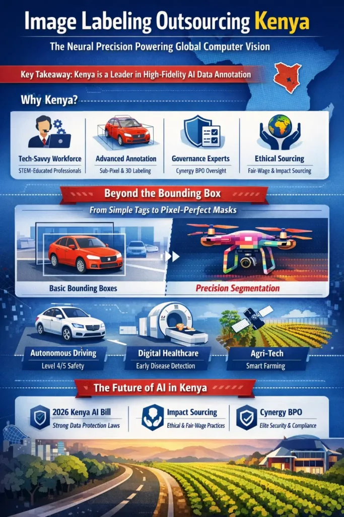 Infographic showing image labeling outsourcing in Kenya, highlighting high-fidelity AI data annotation, sub-pixel segmentation, STEM workforce, ethical sourcing, governance by Cynergy BPO, and applications in autonomous driving, healthcare, and agri-tech.