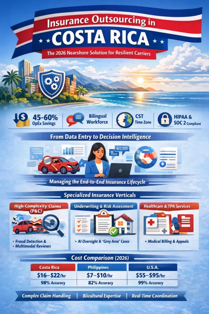 Insurance outsourcing in Costa Rica infographic showing 45–60% cost savings, $16–$22/hour rates, bilingual workforce, real-time CST support, high-complexity claims handling, underwriting oversight, healthcare TPA services, and 2026 cost comparison vs Philippines and U.S.