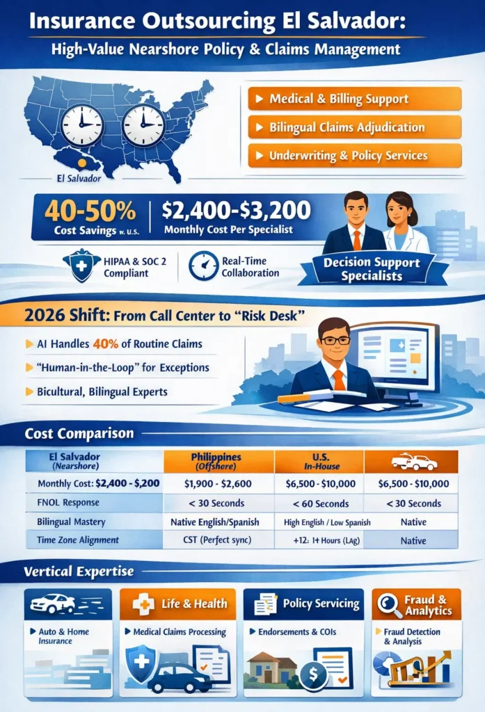 Insurance outsourcing in El Salvador infographic showing 40–50% cost savings, $2,400–$3,200 monthly cost per specialist, bilingual claims support, real-time CST collaboration, HIPAA and SOC 2 compliance, and comparison with Philippines and U.S. in-house operations.
