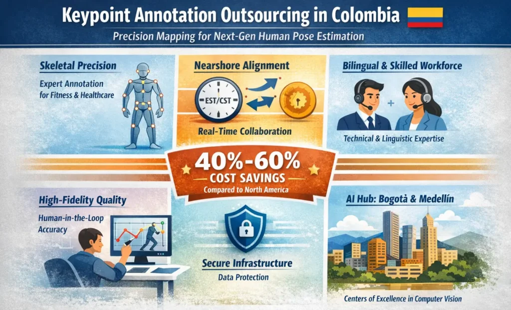 Infographic showing keypoint annotation outsourcing in Colombia, highlighting skeletal precision, real-time nearshore collaboration, bilingual workforce, high-fidelity human-in-the-loop quality, secure infrastructure, and 40–60% cost savings for AI model training.
