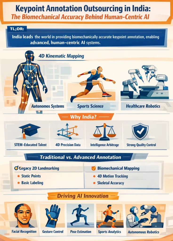 Infographic showing how keypoint annotation outsourcing in India powers human-centric AI using biomechanical mapping and 4D motion tracking, highlighting applications in autonomous systems, sports science, healthcare robotics, and AR/VR, alongside advantages such as STEM-educated talent, intelligence arbitrage, and strong quality governance.