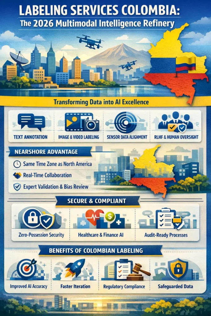 Infographic showing Colombia as a 2026 multimodal AI labeling hub, highlighting text, image, video, and sensor data annotation, RLHF human oversight, nearshore collaboration advantages, secure zero-possession environments, and benefits like improved AI accuracy, faster iteration, and regulatory compliance.

