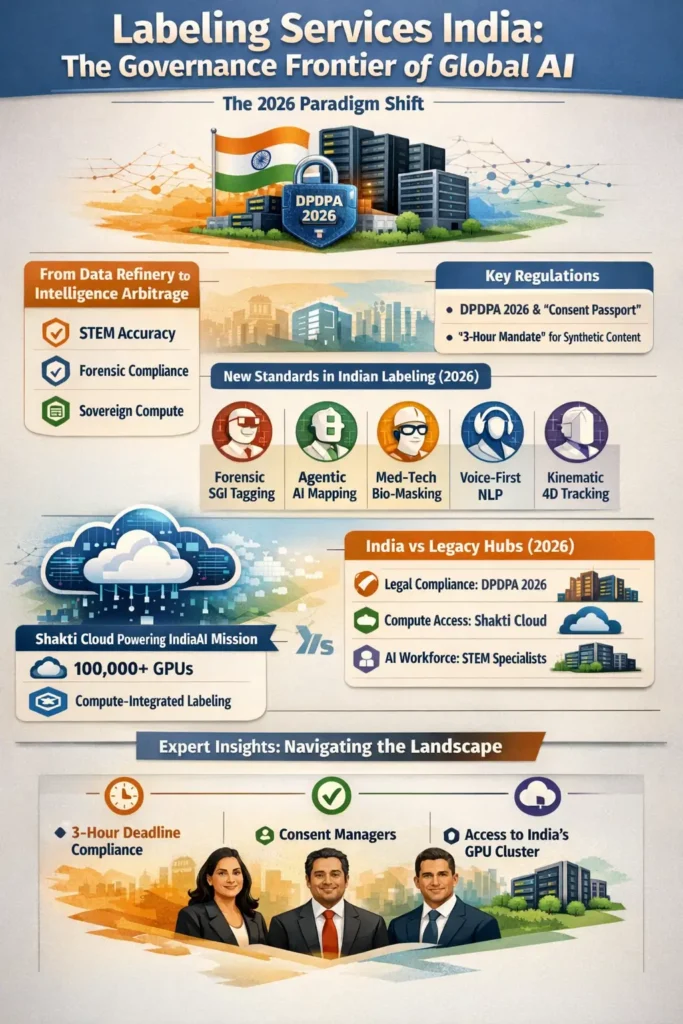 Infographic showing India’s 2026 AI labeling evolution under DPDPA, featuring Consent Passport compliance, 3-hour synthetic content mandate, forensic tagging, Shakti Cloud GPU infrastructure, and advanced AI-Ops services like agentic mapping and 4D tracking.
