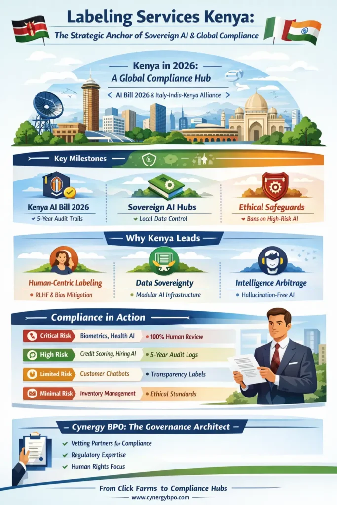 Infographic titled “Labeling Services Kenya: The Strategic Anchor of Sovereign AI & Global Compliance” showing Kenya as a 2026 AI compliance hub, highlighting the AI Bill 2026, sovereign AI infrastructure, intelligence arbitrage, ethical safeguards, risk-based compliance tiers, and Cynergy BPO’s governance role.
